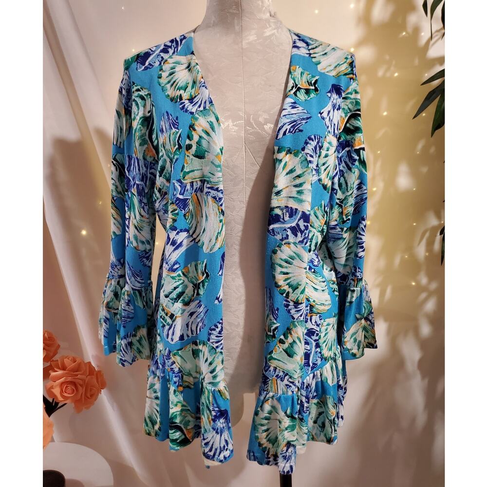 Chicos Linen Blend Sea Shell Print 3/4 Bell Sleeve Open Cardigan Sweater Size L